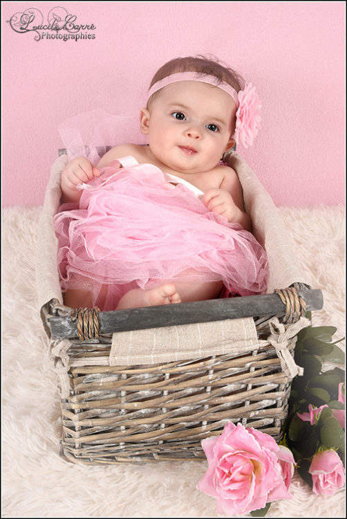 Photographe bébé Sarthe - Bébé panier rose